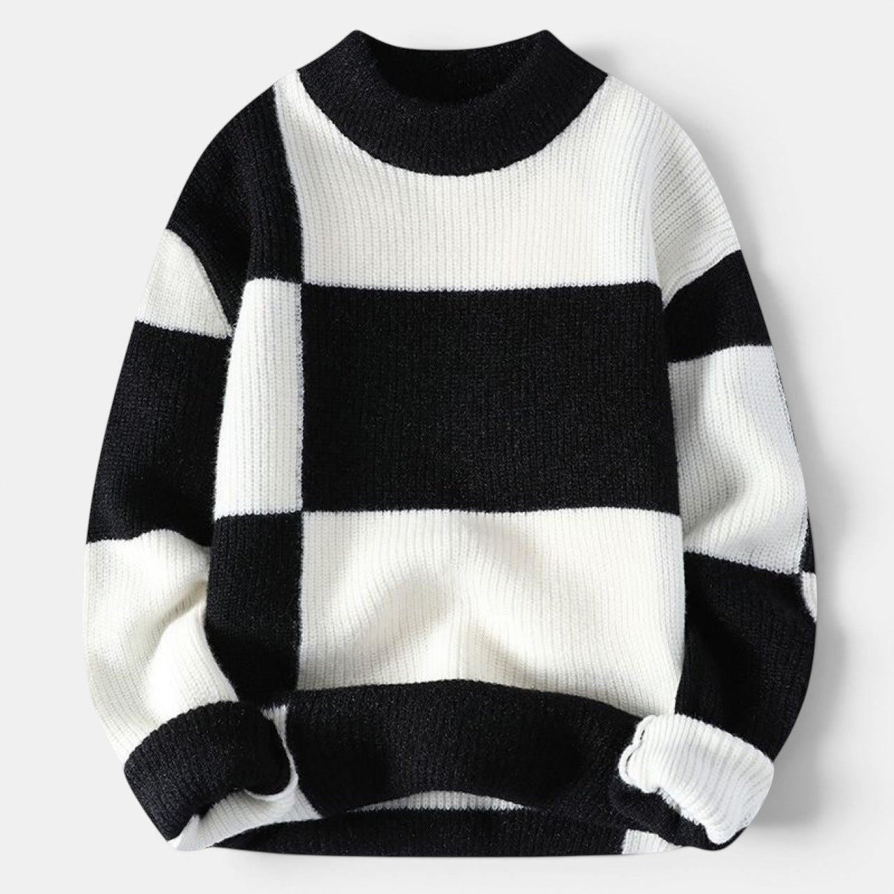 Allzom men's black and white checkered knit sweater with half turtleneck. Warm wool-blend fabric.