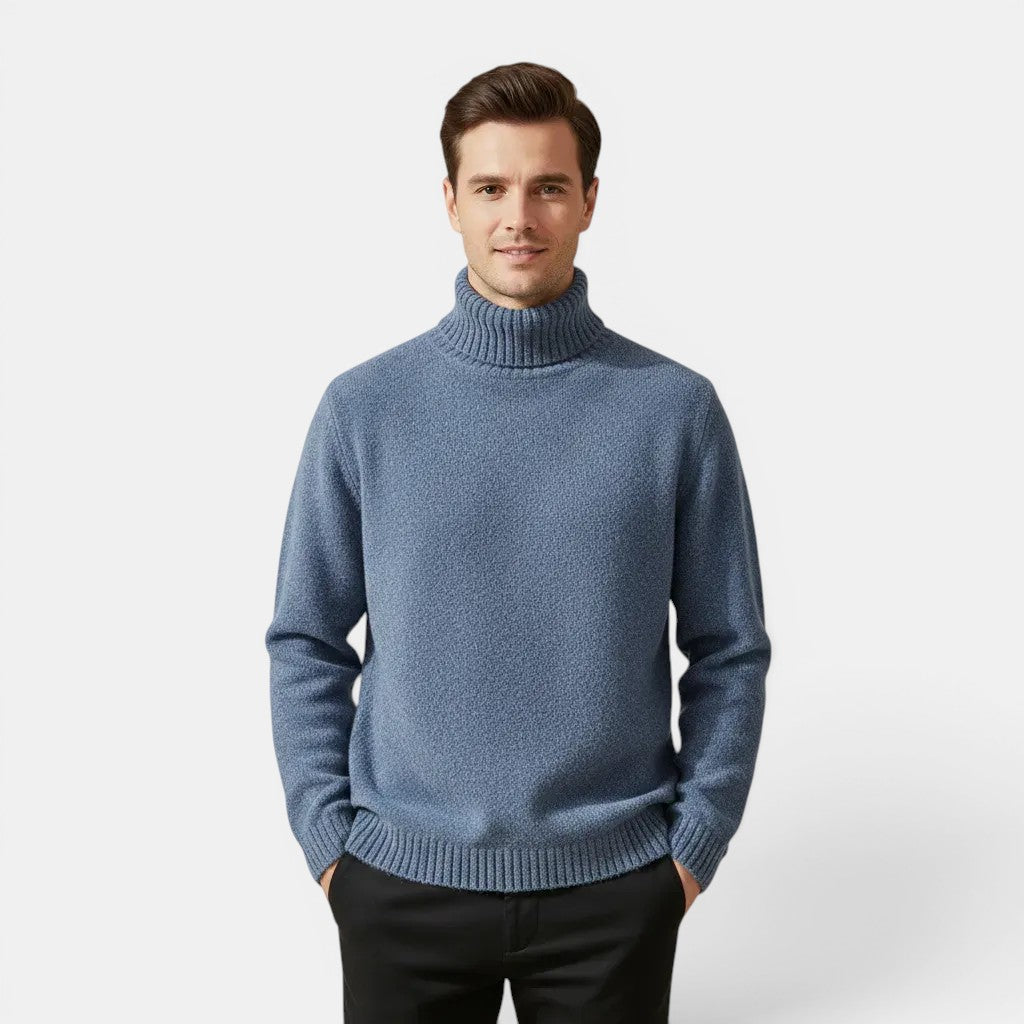 Allzom men's slim-fit blue turtleneck sweater in a thickened knit fabric, perfect for cold weather.