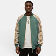 Allzom bomber jacket verde e bege com riscas amarelas nas mangas, gola redonda e fecho de correr.