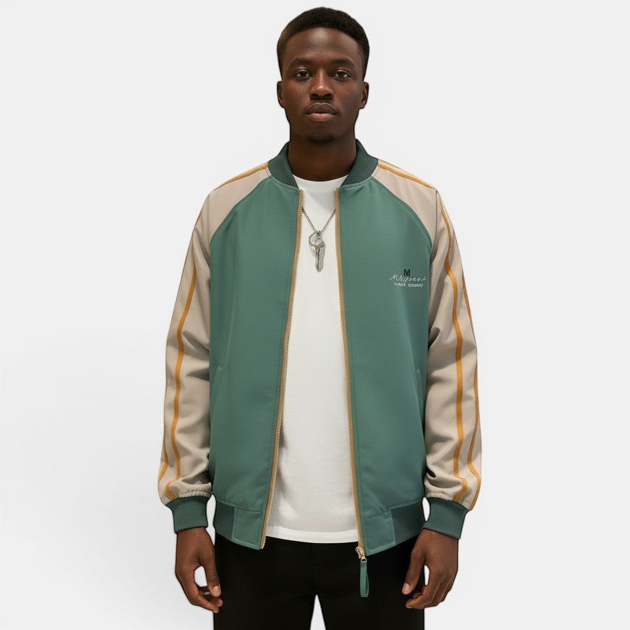 Allzom bomber jacket verde e bege com riscas amarelas nas mangas, gola redonda e fecho de correr.