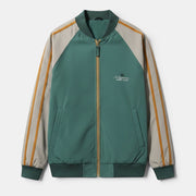 Allzom bomber jacket verde e cinza com mangas raglan, detalhes de riscas e fecho de correr frontal. Tecido de poliéster.