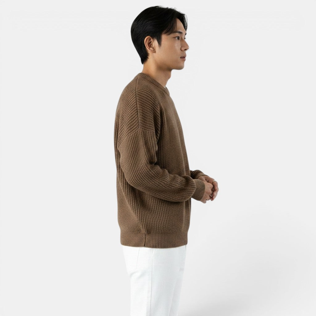 Allzom men's brown chunky-knit crew-neck sweater, thick winter essential with ribbed texture.