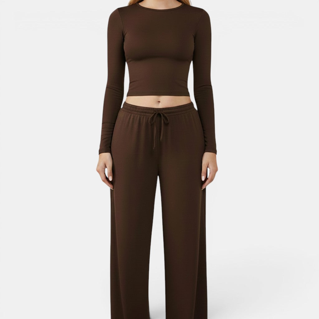 Allzom women's brown long-sleeve cropped top and wide-leg pants set. Comfortable casual wear.