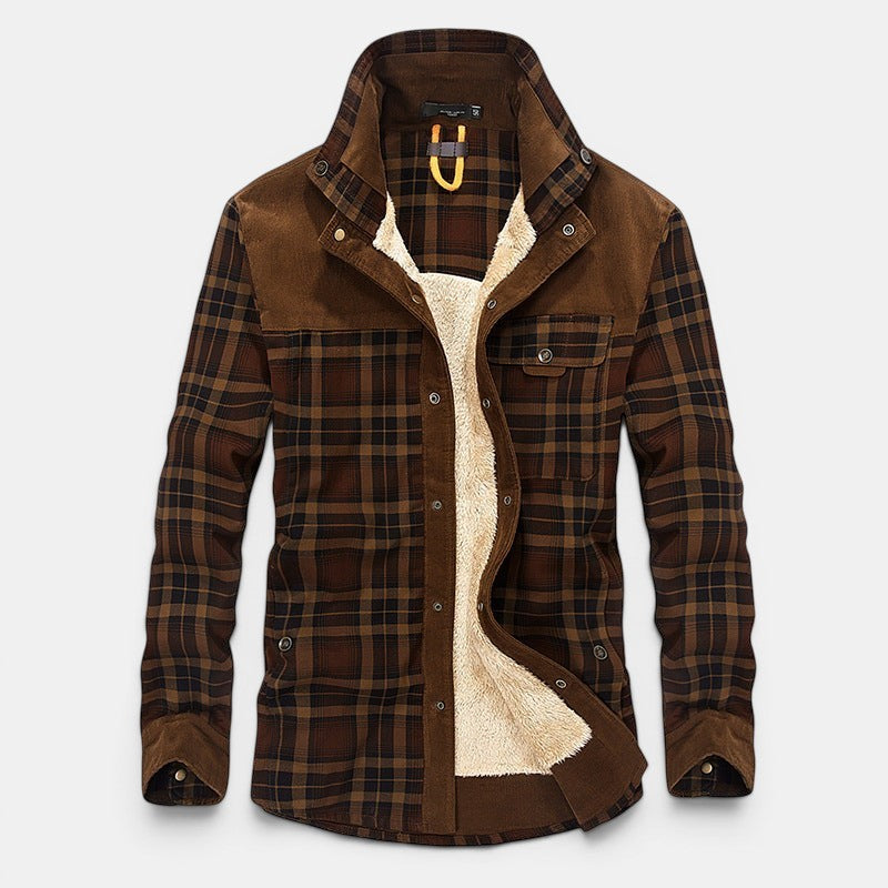 Allzom men's brown plaid cotton jacket with fleece lining and corduroy accents. Long sleeves, button-up front, and collar.