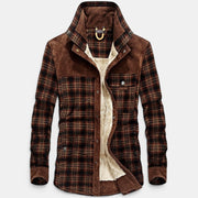 Allzom men's brown plaid fleece-lined jacket with corduroy accents and a square collar.
