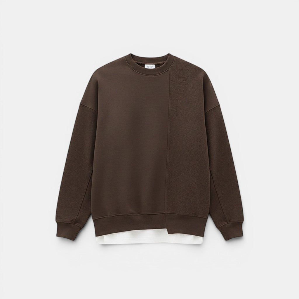 Allzom men's loose round-neck pullover sweater in dark brown. Features a layered effect with a white t-shirt hem peeking out.