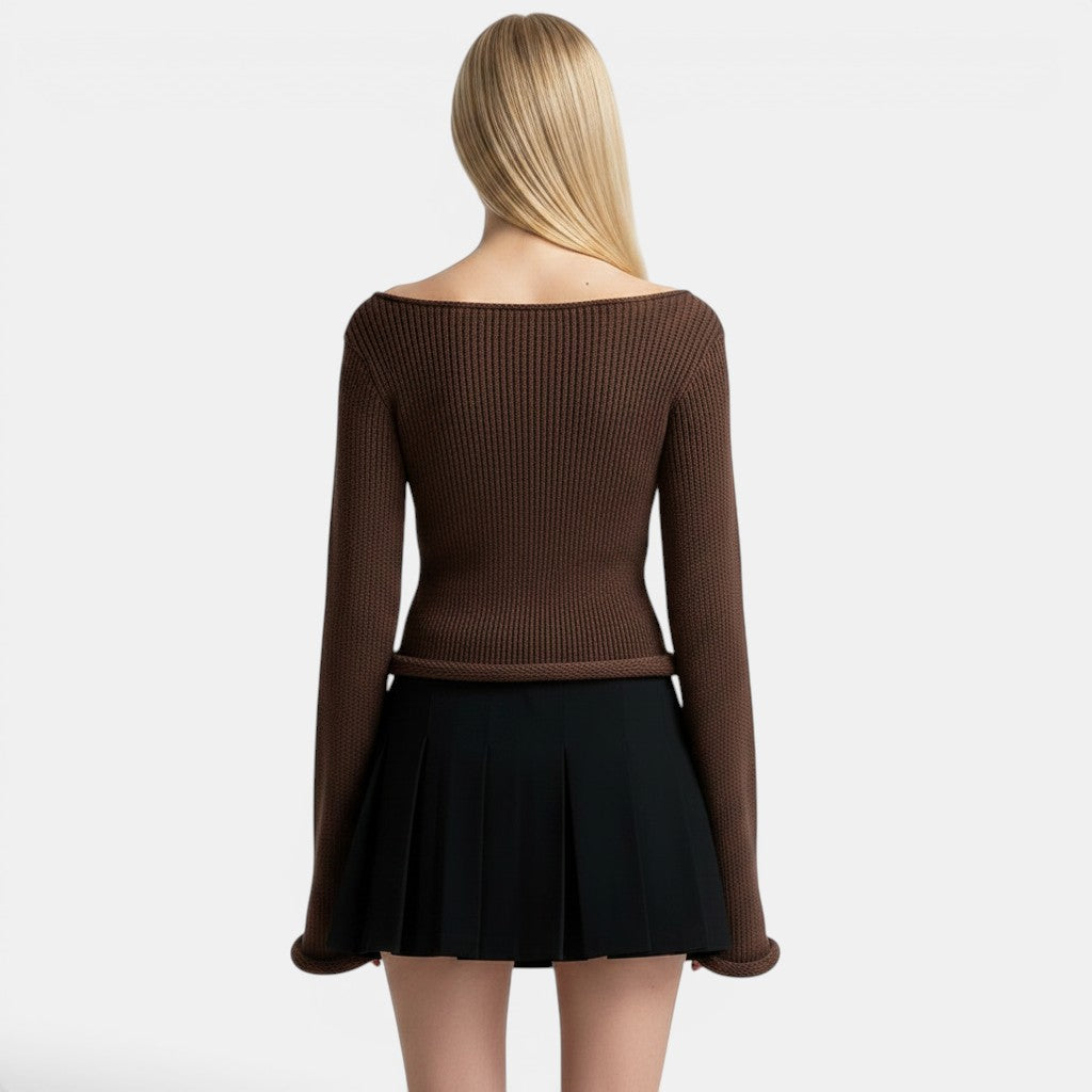 Allzom women's brown ribbed knit slim-fit T-shirt with boat neck and bell sleeves.