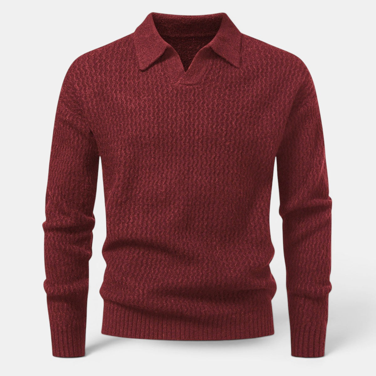 Allzom men's solid burgundy cable knit long-sleeve sweater with a V-neck collar.