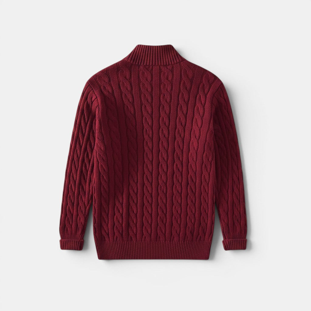 Allzom men's burgundy cable knit zip pullover sweater coat with a mock neck and ribbed cuffs and hem.