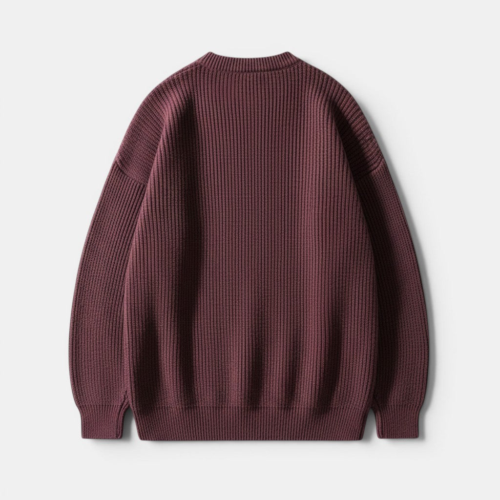 Allzom men's burgundy chunky-knit crew-neck sweater with ribbed texture and thick construction for warmth.