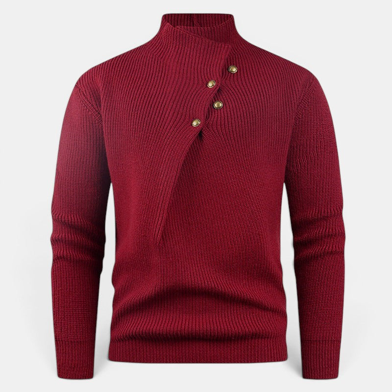 Allzom men's burgundy knit pullover sweater with stand collar and slanted button closure.