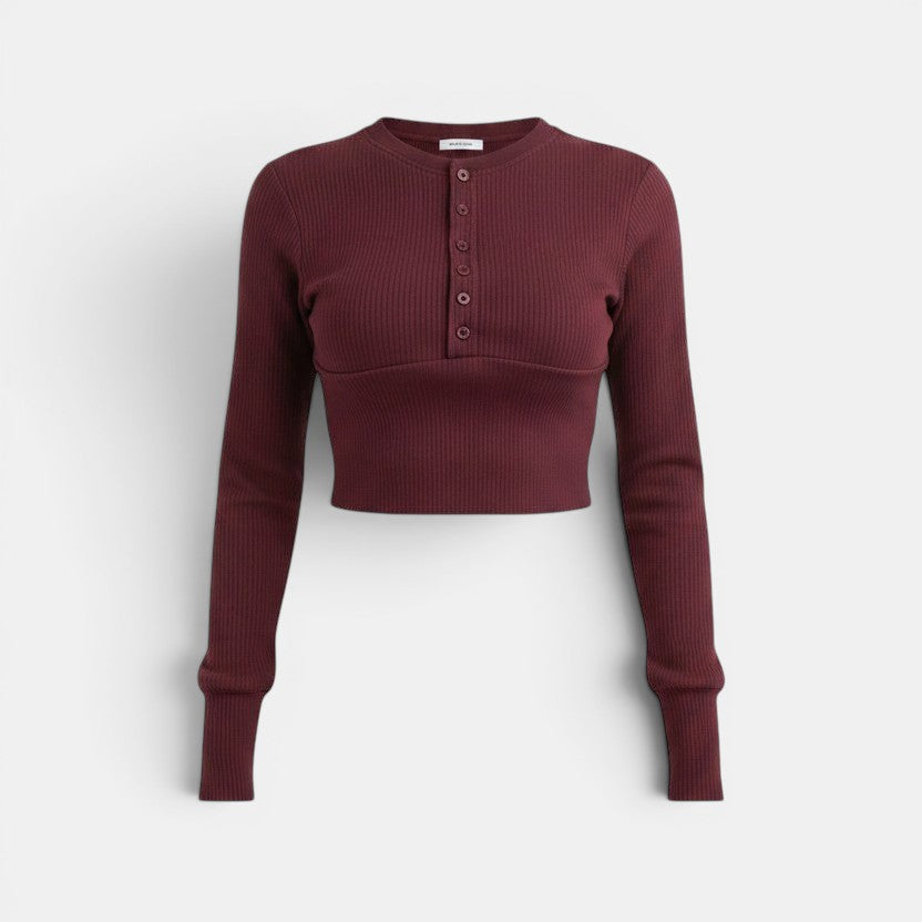 Allzom women's burgundy ribbed long-sleeve crop top with button detail