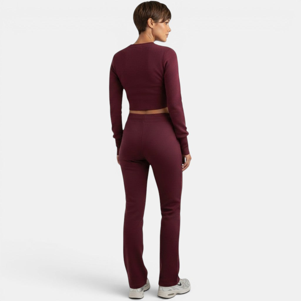 Allzom women's burgundy ribbed knit long-sleeve crop top and straight-leg pants set.