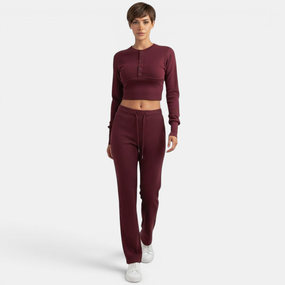 Allzom women's burgundy ribbed knit crop top with button detail and matching straight-leg pants.