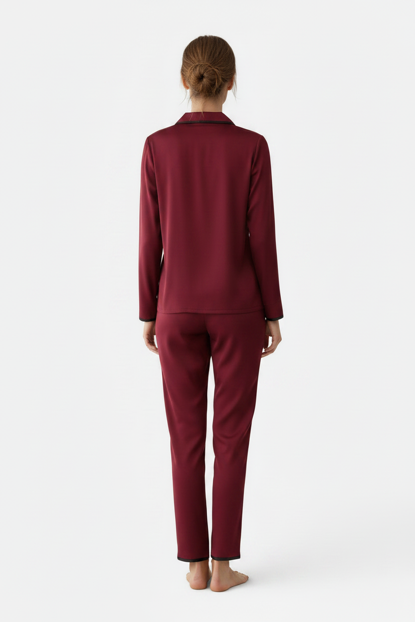 Women's Satin Contrast Color Shirt & Trousers Homewear Suit