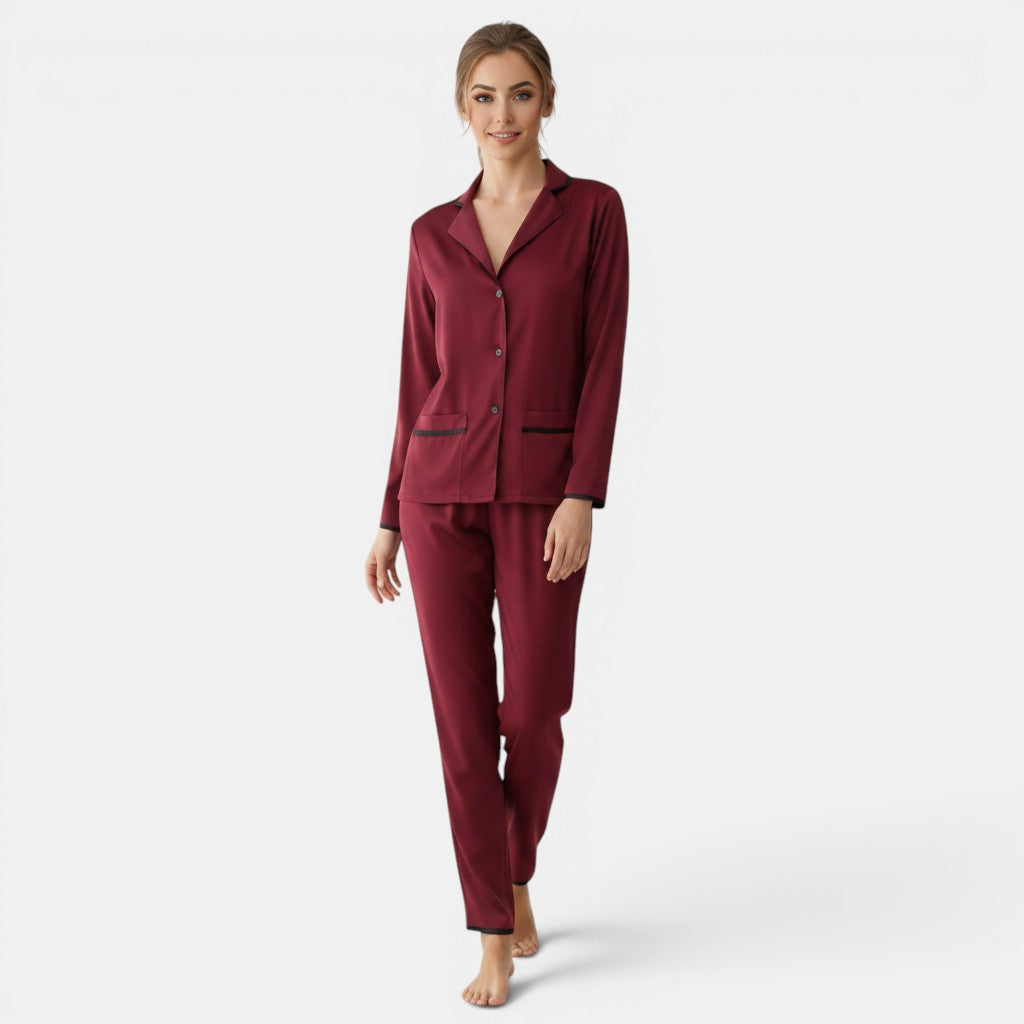 Women's Satin Contrast Color Shirt & Trousers Homewear Suit