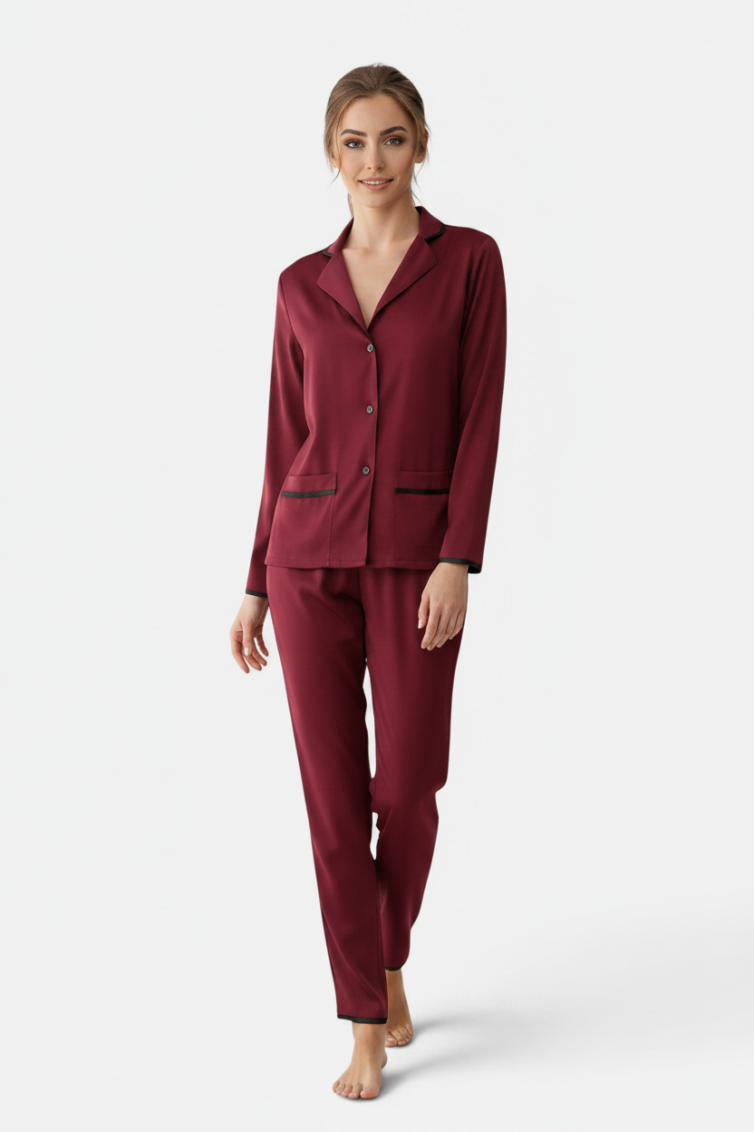 Women's Satin Contrast Color Shirt & Trousers Homewear Suit