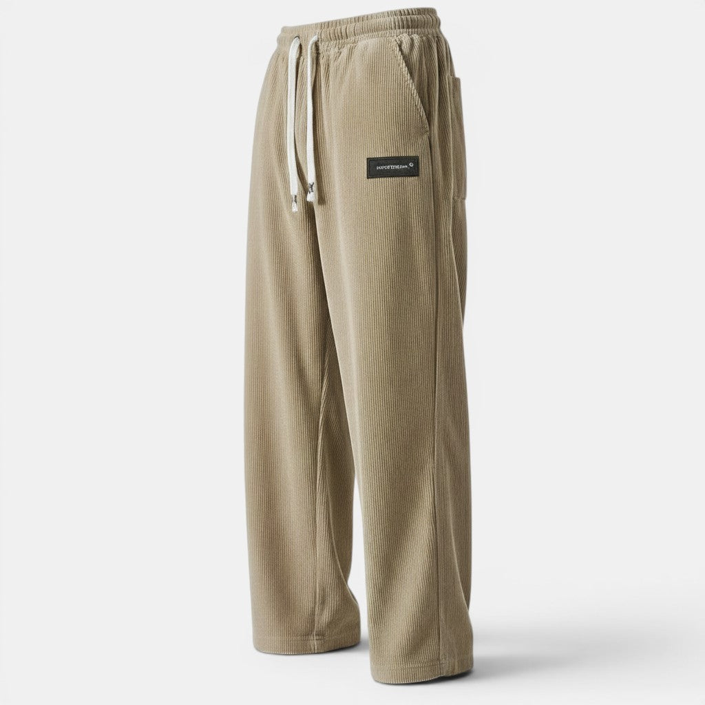 Calças de bombazina bege de corte reto da Allzom com cordão branco e etiqueta preta, ideais para um look casual-chic.