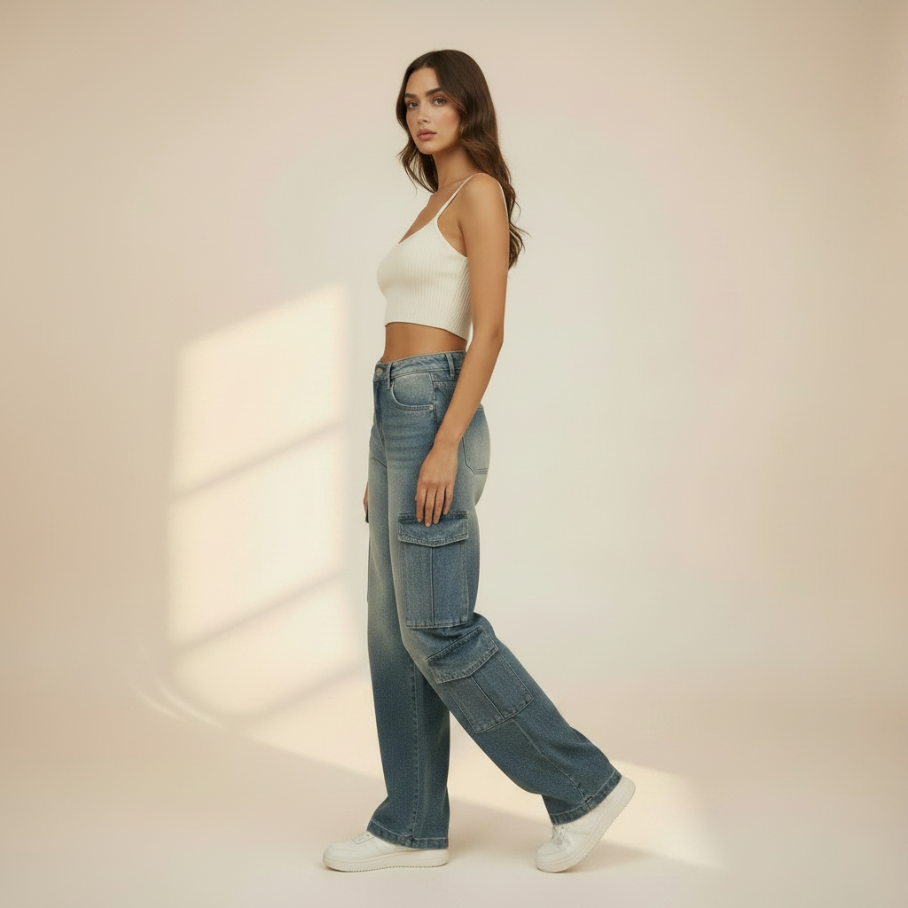 Retro Nostalgic Washed Multi-pocket Cargo Pants Straight Jeans