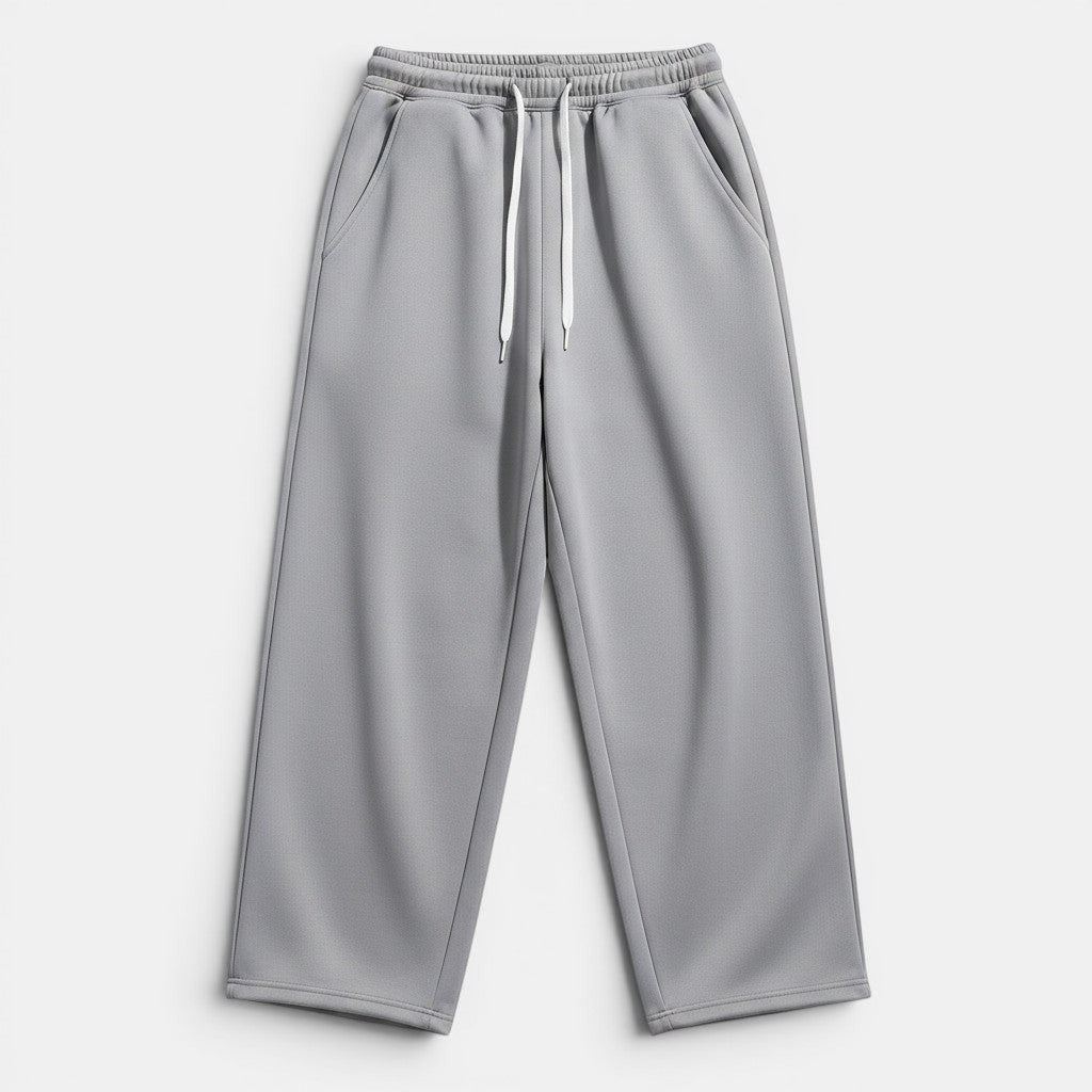 Calças retas cinzentas de cintura subida Allzom com cordão branco e bolsos laterais. Tecido liso.