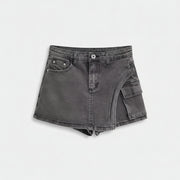 Allzom Calças culote de ganga cinzentas com bainha assimétrica e bolsos, estilo streetwear.