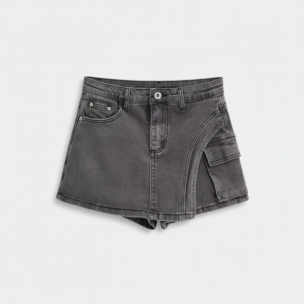 Allzom Calças culote de ganga cinzentas com bainha assimétrica e bolsos, estilo streetwear.