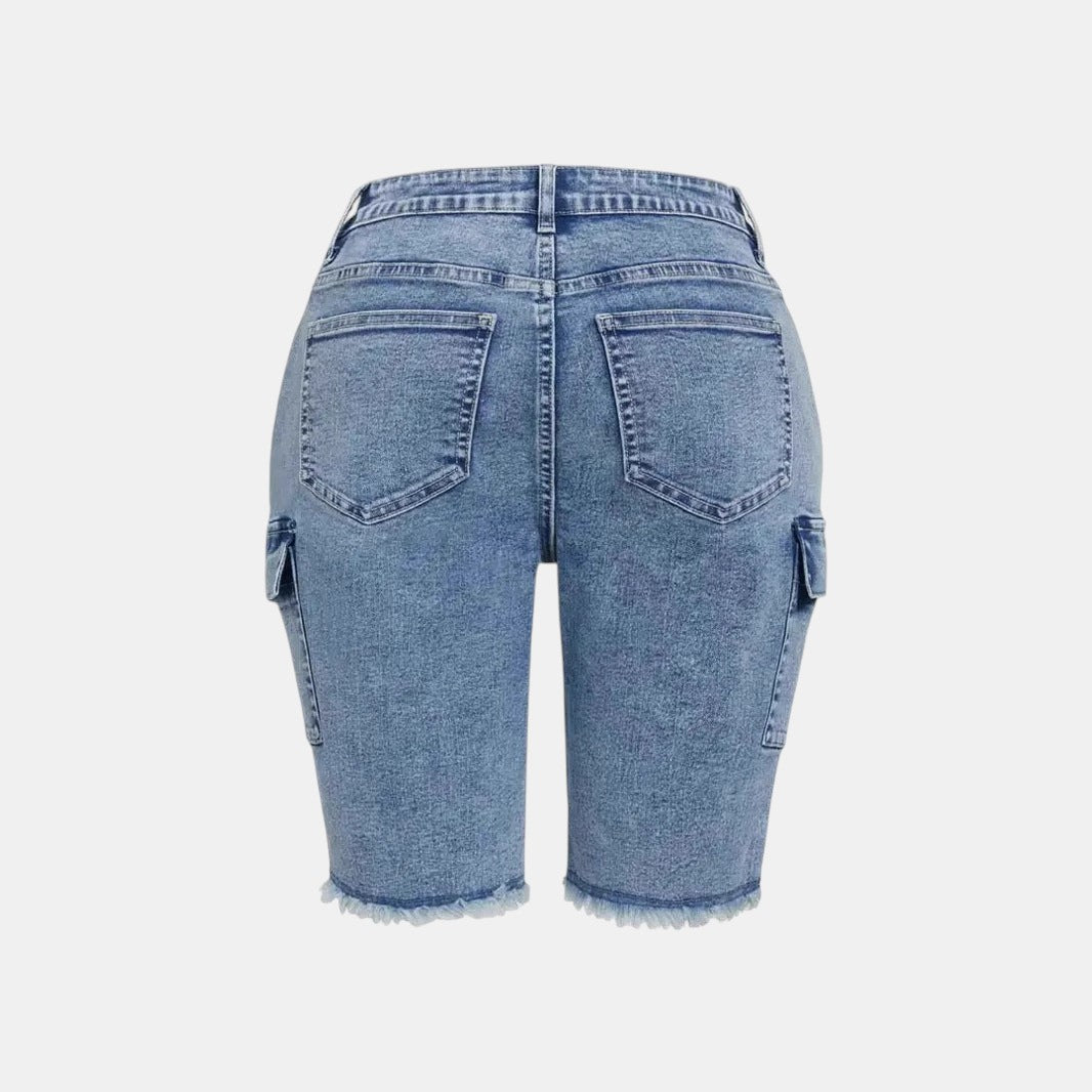 Allzom calças de ganga de cintura alta com lavagem elástica, com bolsos laterais e bainha desfiada em azul pavão.