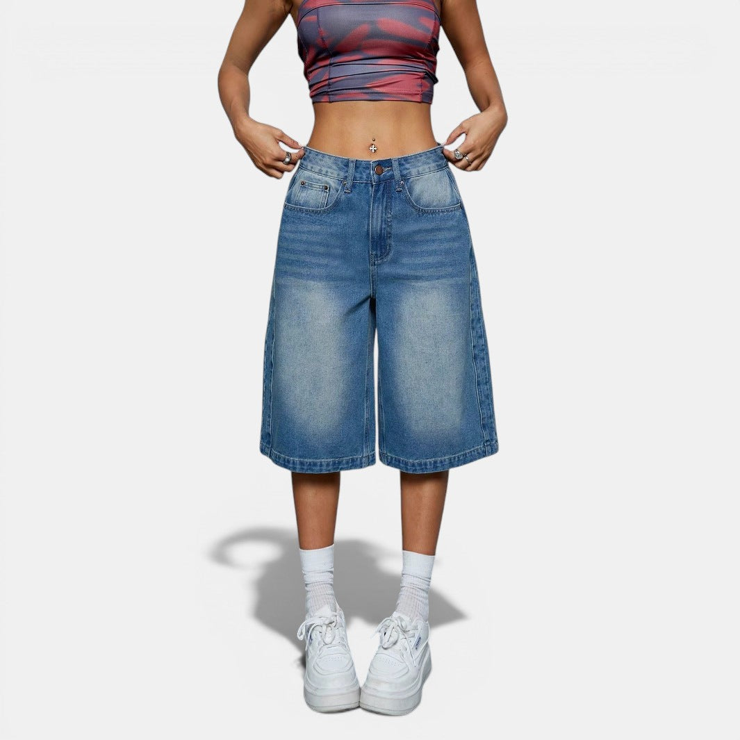 Allzom calças de ganga azuis de perna direita, cintura alta, com bolsos, estilo casual japonês e coreano.
