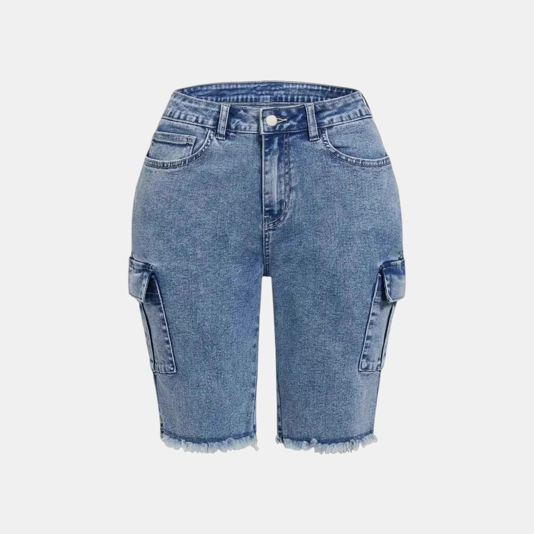 Allzom Calças de ganga de cintura subida com bolsos laterais e franjas desfiadas, azul pavão, algodão com alta elasticidade.