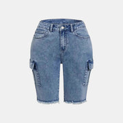 Allzom Calças de ganga de cintura subida com bolsos laterais e franjas desfiadas, azul pavão, algodão com alta elasticidade.