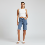 Stretch-washed High-rise Denim Shorts With Side Pockets And A High Stretch Factor
