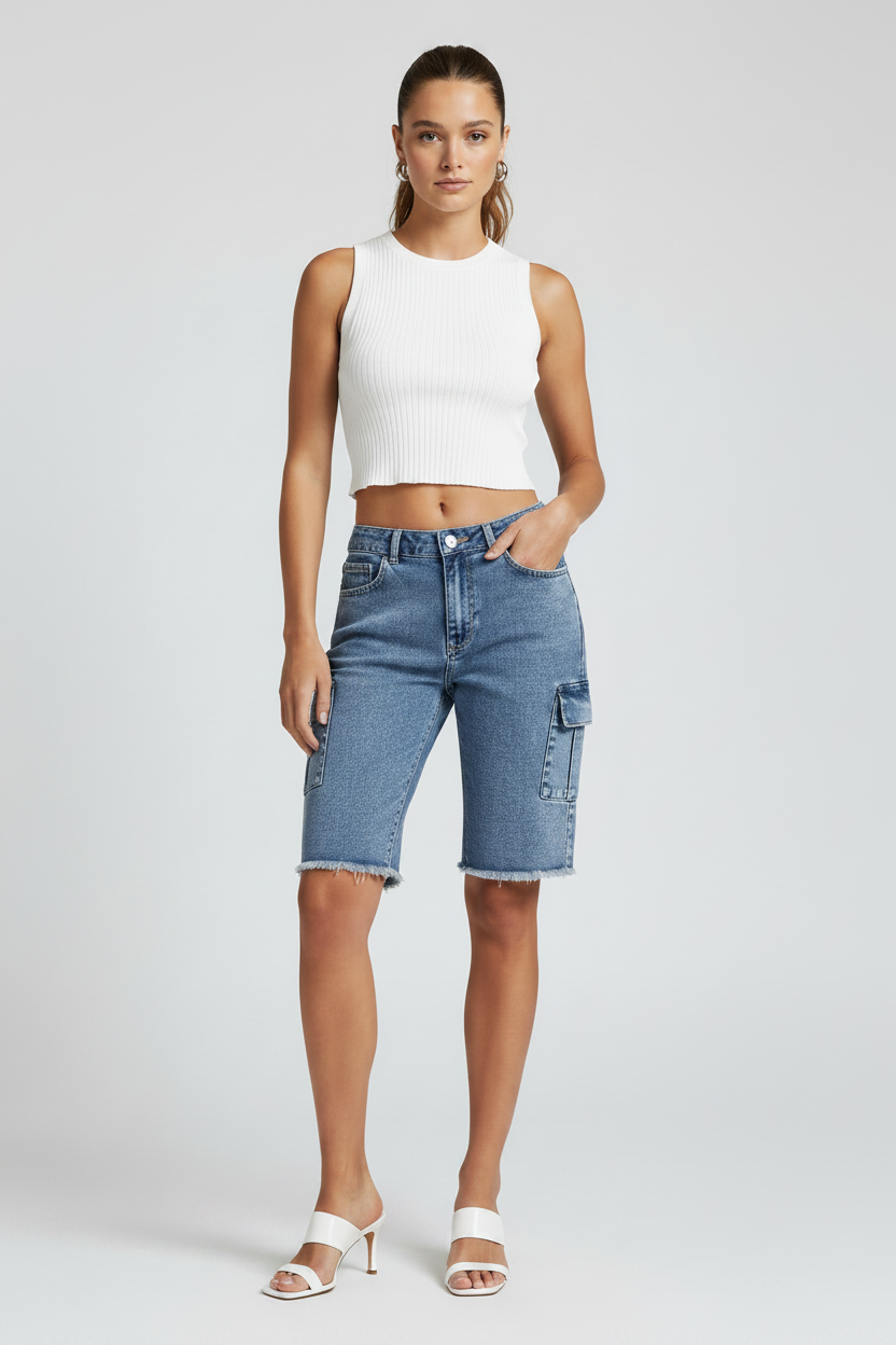 Women's Stretch-Washed High-Rise Denim Shorts with Pockets