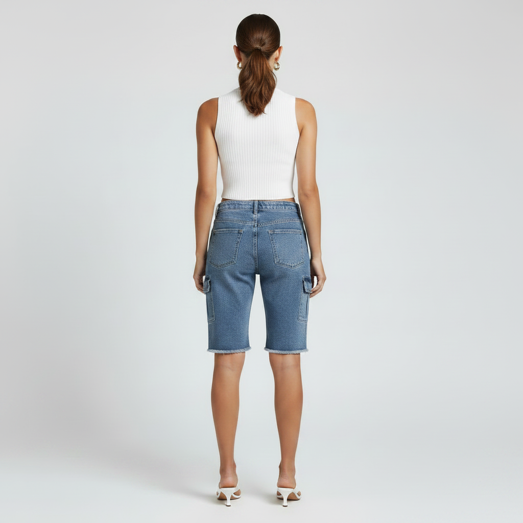 Stretch-washed High-rise Denim Shorts With Side Pockets And A High Stretch Factor