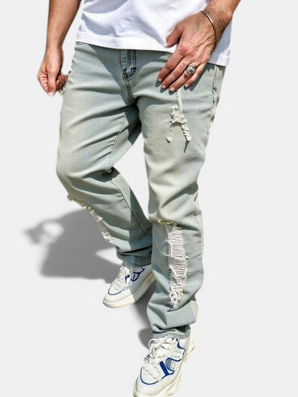 Allzom calças de ganga desfiadas azuis claras com corte justo e cintura alta, perfeitas para um look casual.