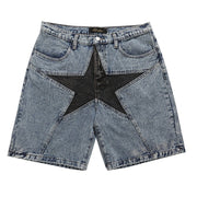 Allzom Calças de ganga azuis claras com design de estrela em contraste preto, cintura subida, perna solta.