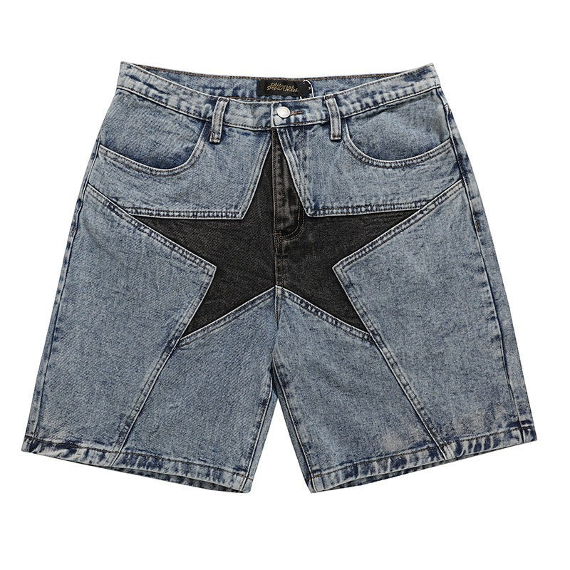 Allzom Calças de ganga azuis claras com design de estrela em contraste preto, cintura subida, perna solta.