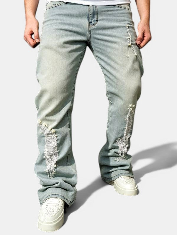 Calças de ganga Allzom desbotadas com rasgões e corte flare, cintura baixa, estilo casual.