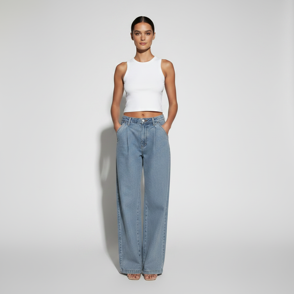 Slimming And Straight Versatile Retro Draping Mid-waist Wide-leg Jeans