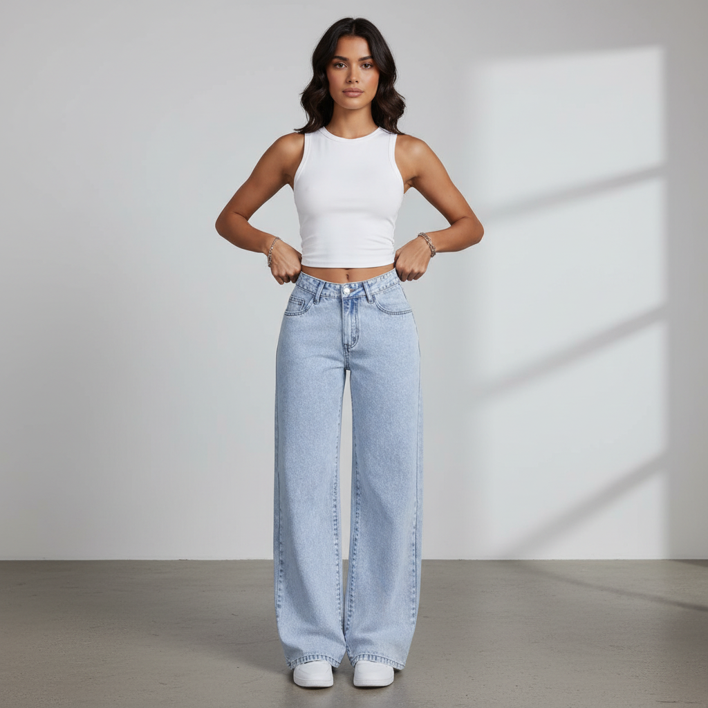 Women's High-Waisted Non-Stretch Wide Leg Jeans, Light Wash Straight Leg Denim Pants