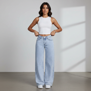 Women's High-Waisted Non-Stretch Wide Leg Jeans, Light Wash Straight Leg Denim Pants