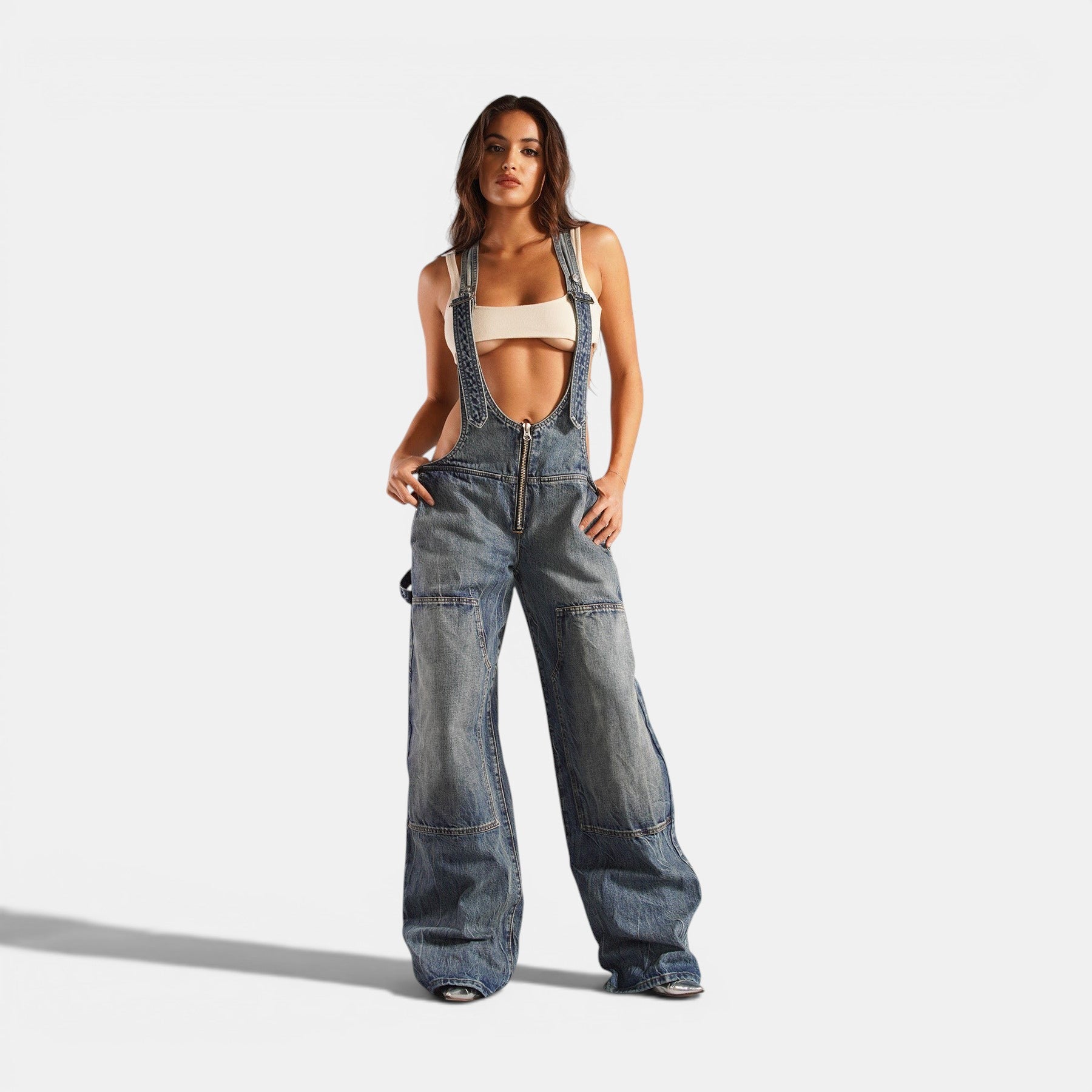 Allzom calças de ganga largas com fecho frontal e bolsos, estilo Y2K, cintura subida, para mulher.