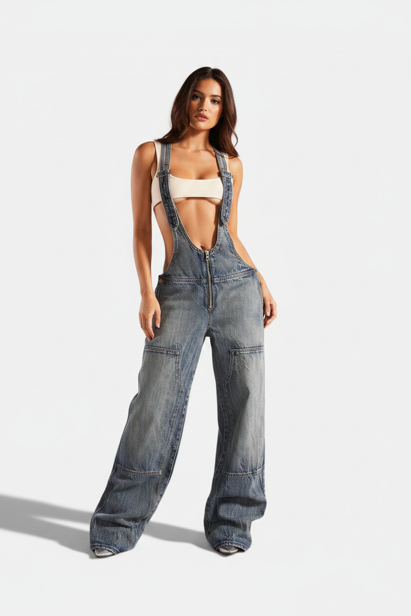 Y2K Zipper Denim Overalls With Pockets Fashion Loose Suspender Jumpsuit Streetwear Jeans Pants Womens Clothing (Copy 2)