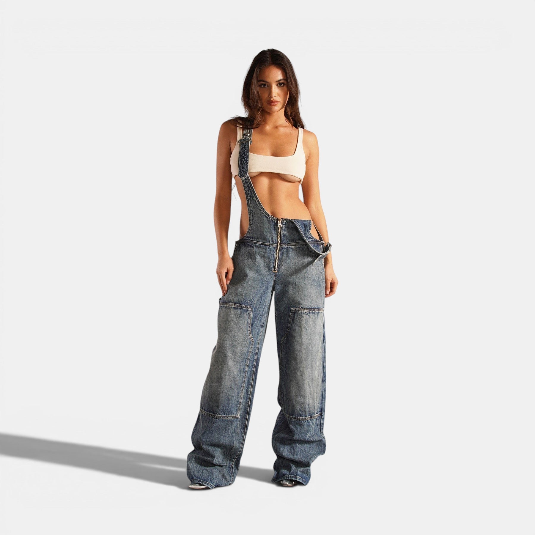 Allzom calças de ganga largas com fecho frontal e bolsos, estilo Y2K.
