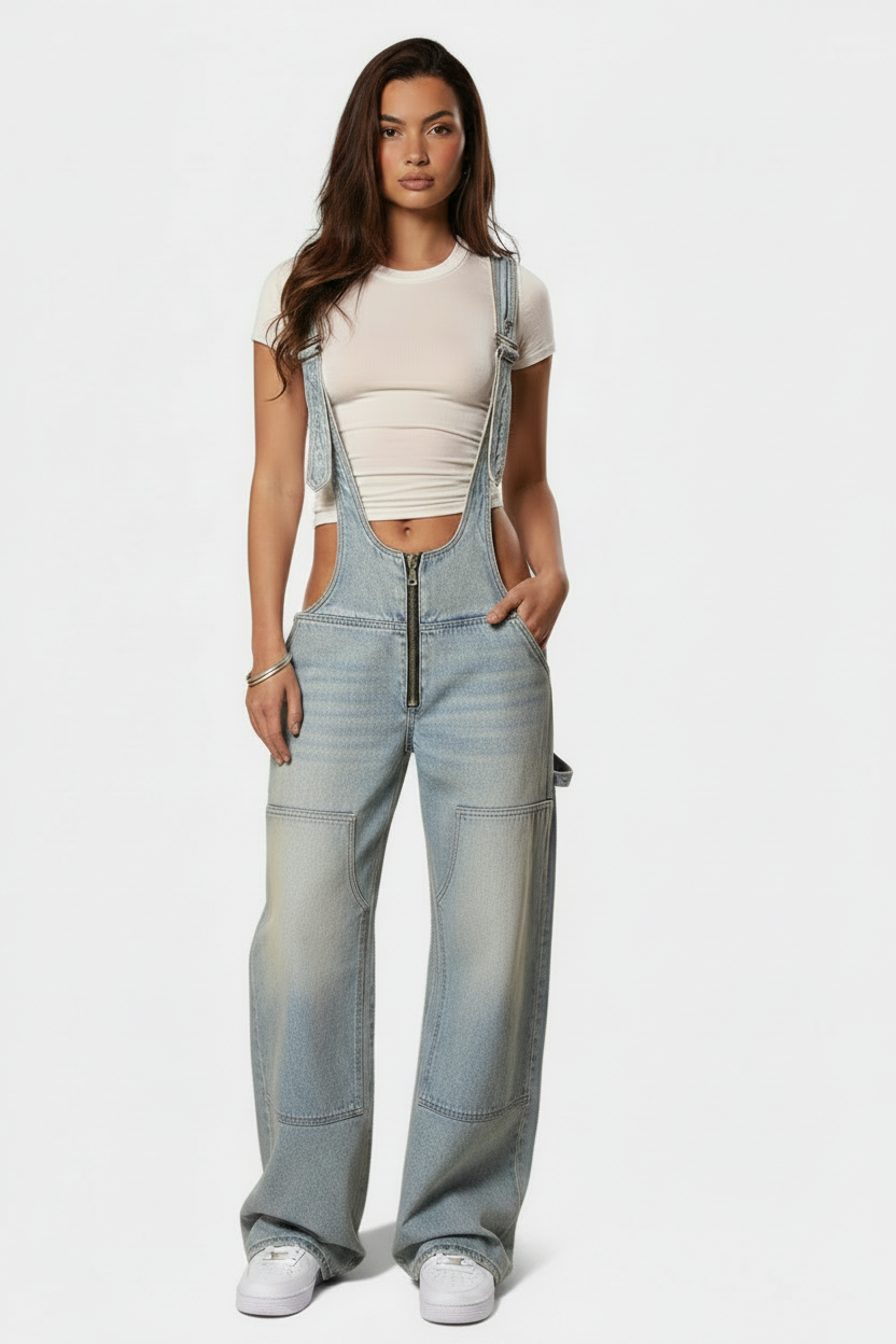 Y2K Zipper Denim Overalls With Pockets Fashion Loose Suspender Jumpsuit Streetwear Jeans Pants Womens Clothing (Copy)