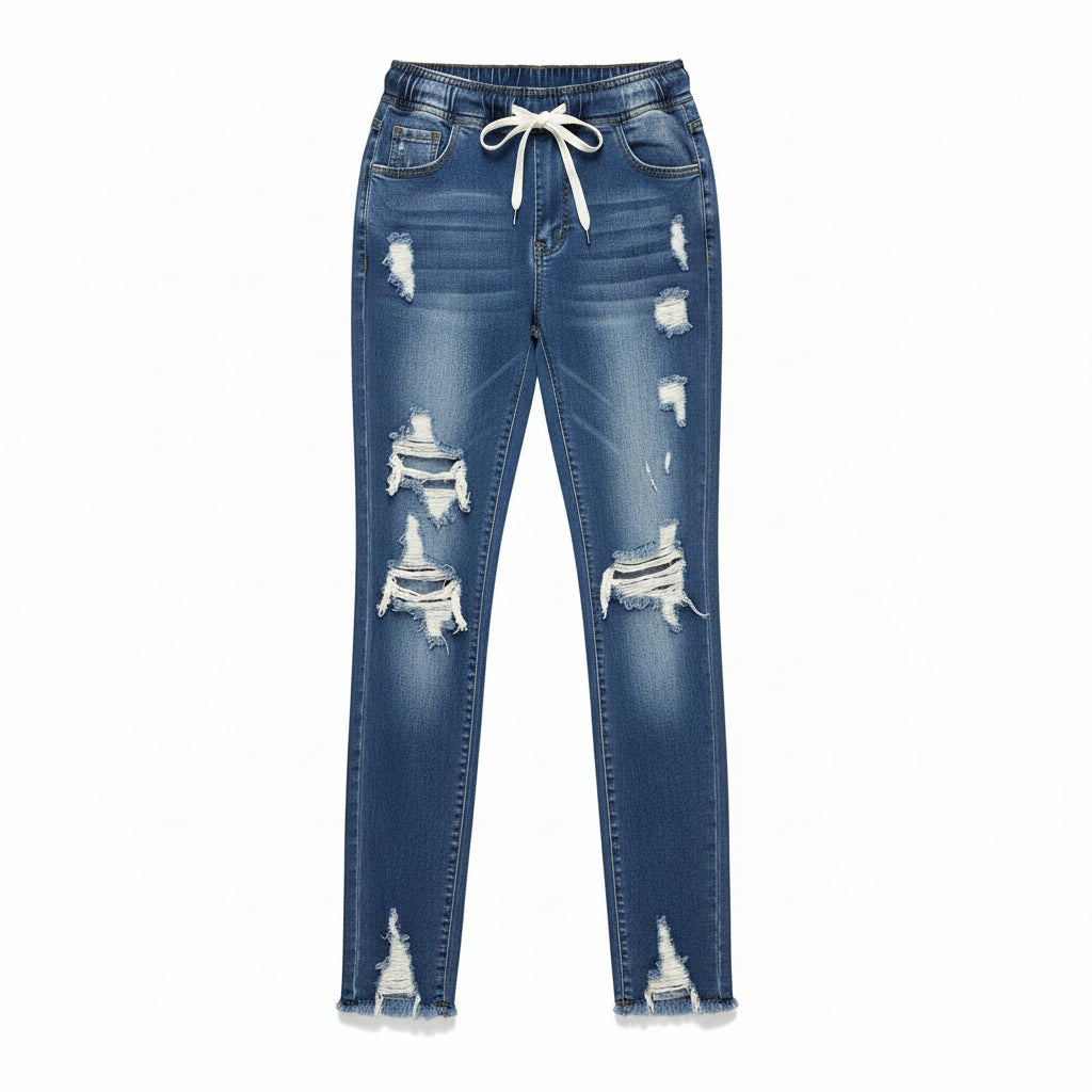 Calças de ganga azuis escuras rasgadas da Allzom com cintura média, cordão branco e bainha desfiada. Estilo casual.