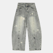 Calças jeans Allzom pretas de algodão com efeito desgastado e padrão de estrelas, corte reto e cintura média.