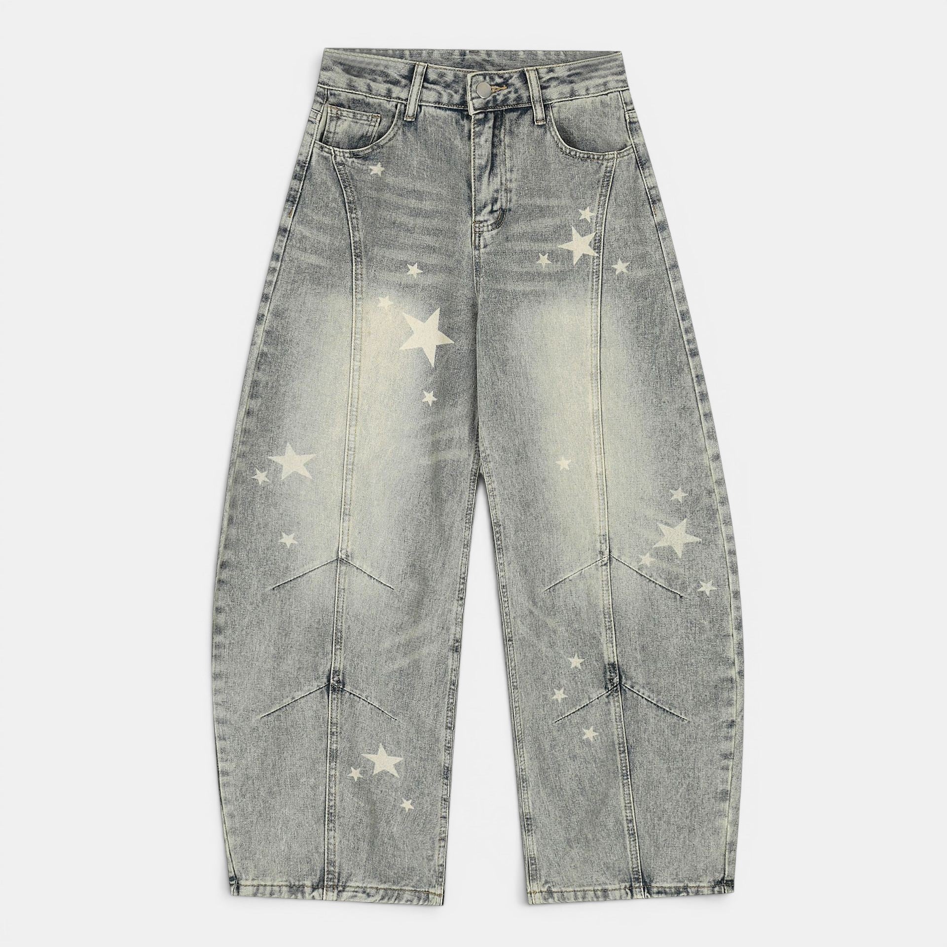 Calças jeans Allzom pretas de algodão com efeito desgastado e padrão de estrelas, corte reto e cintura média.
