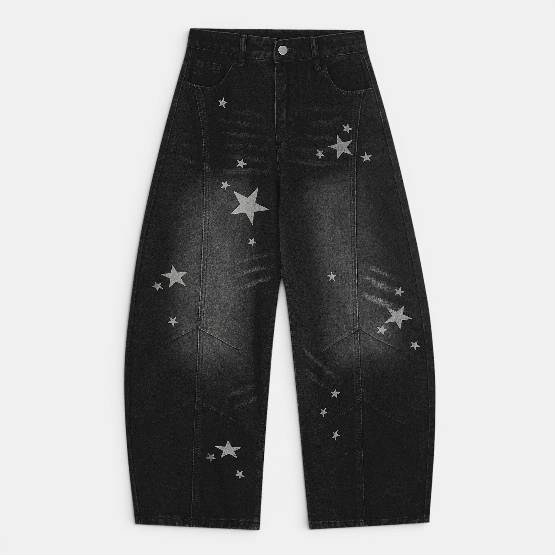 Allzom Calças jeans pretas de algodão com corte reto e padrão de estrelas desgastadas.
