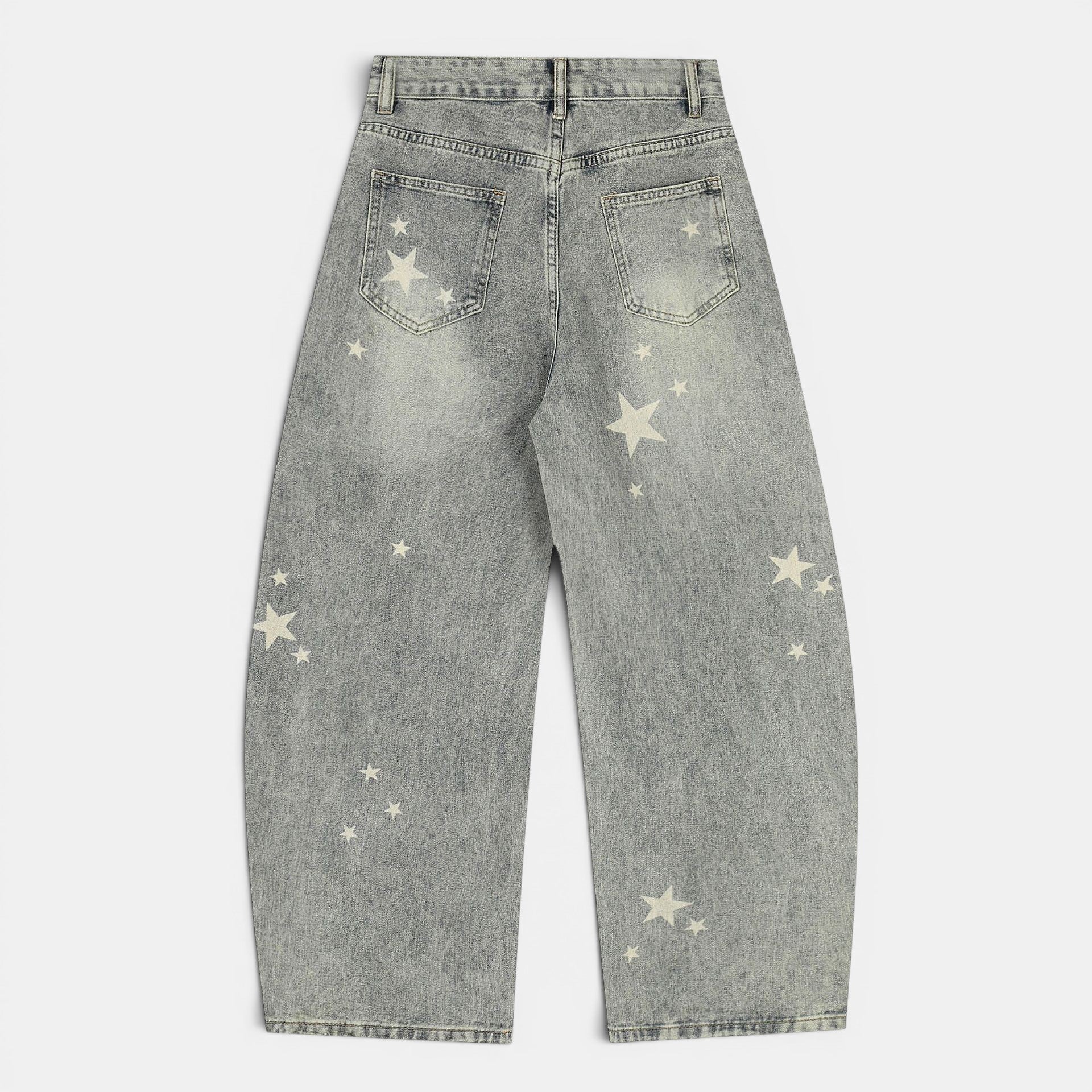Calças jeans Allzom pretas de algodão com cintura média, corte reto e padrão de estrelas desgastadas.