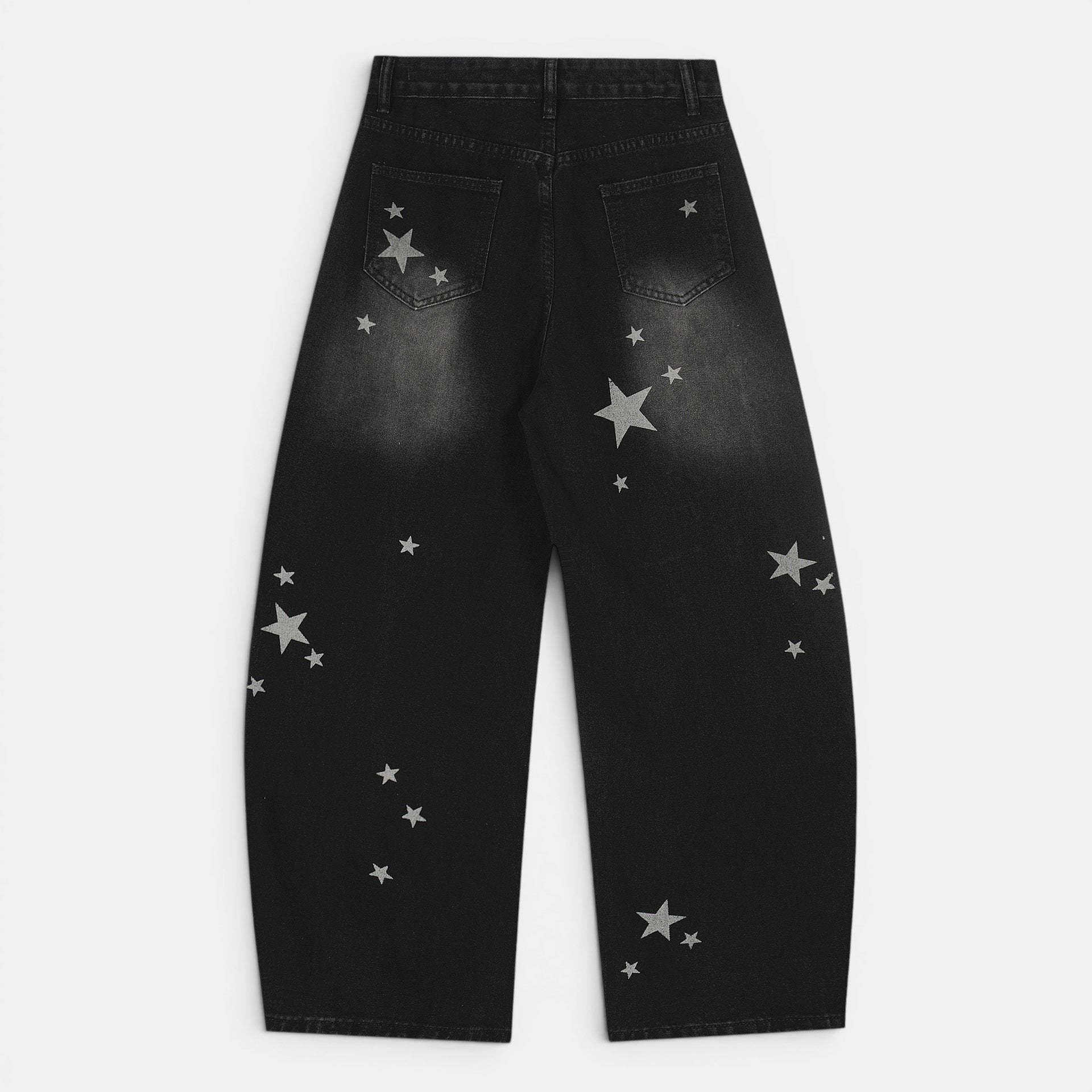 Calças jeans pretas Allzom de algodão com cintura média, corte reto e padrão de estrelas desgastadas.